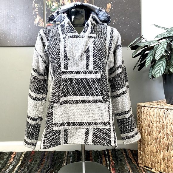 Tops - 90s Grey & Black Hippie Boho Hooded Sweatshirt Baja Jerga Mexican Hoodie